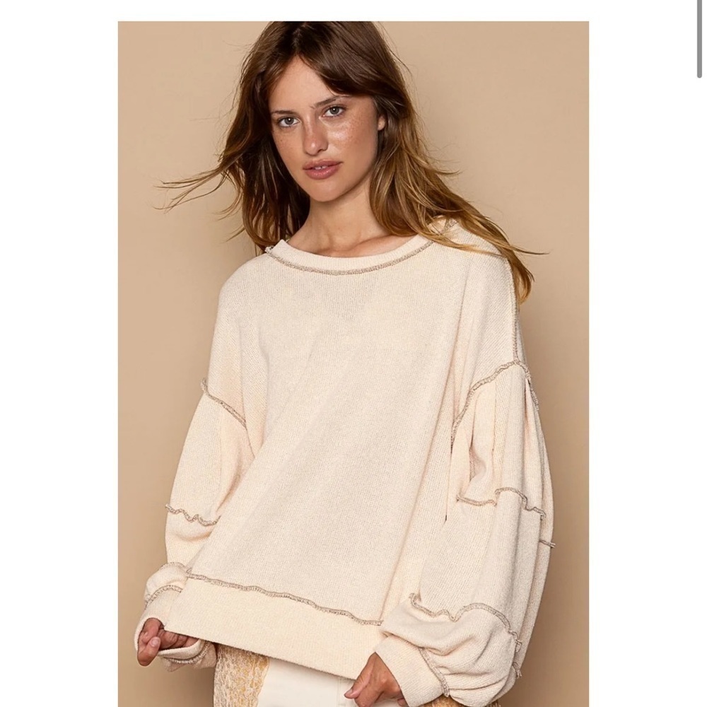 Cut Sew Sweater Knit Exposed Seam Sweatshirt - Picture 6 of 10